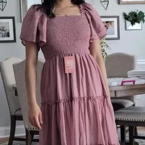 Ivy City Co Ellie Dress Midi length Smocked Tiered in Mauve